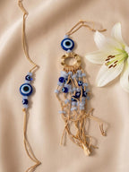 NVR Set of 2 Gold Toned Round Evil Eye Bhaiya Bhabhi Rakhi with Roli Chawal Chandan Mishri | Grocsy