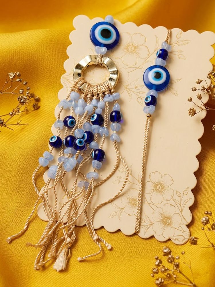 NVR Set of 2 Gold Toned Round Evil Eye Bhaiya Bhabhi Rakhi with Roli Chawal Chandan Mishri | Grocsy