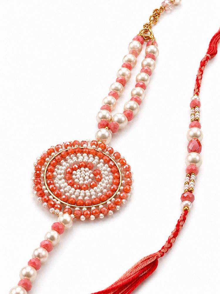 NVR Set of 2 Gold Toned Pearls & Beads Round Shape Bhaiya Bhabhi Rakhi with Roli Chawal | Grocsy