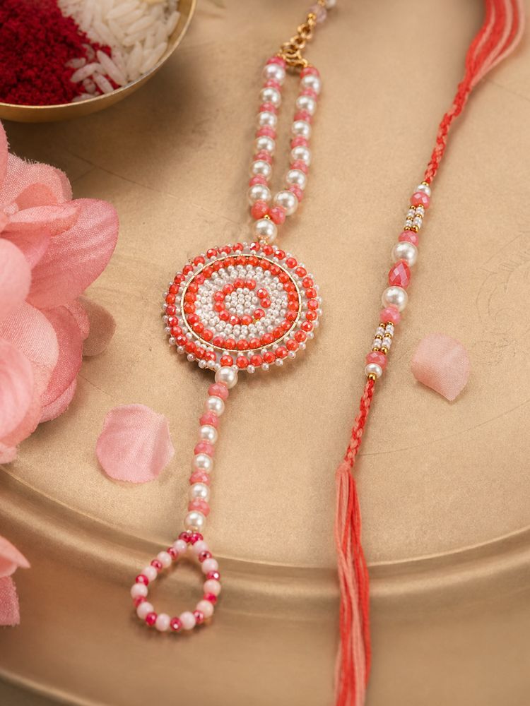 NVR Set of 2 Gold Toned Pearls & Beads Round Shape Bhaiya Bhabhi Rakhi with Roli Chawal | Grocsy