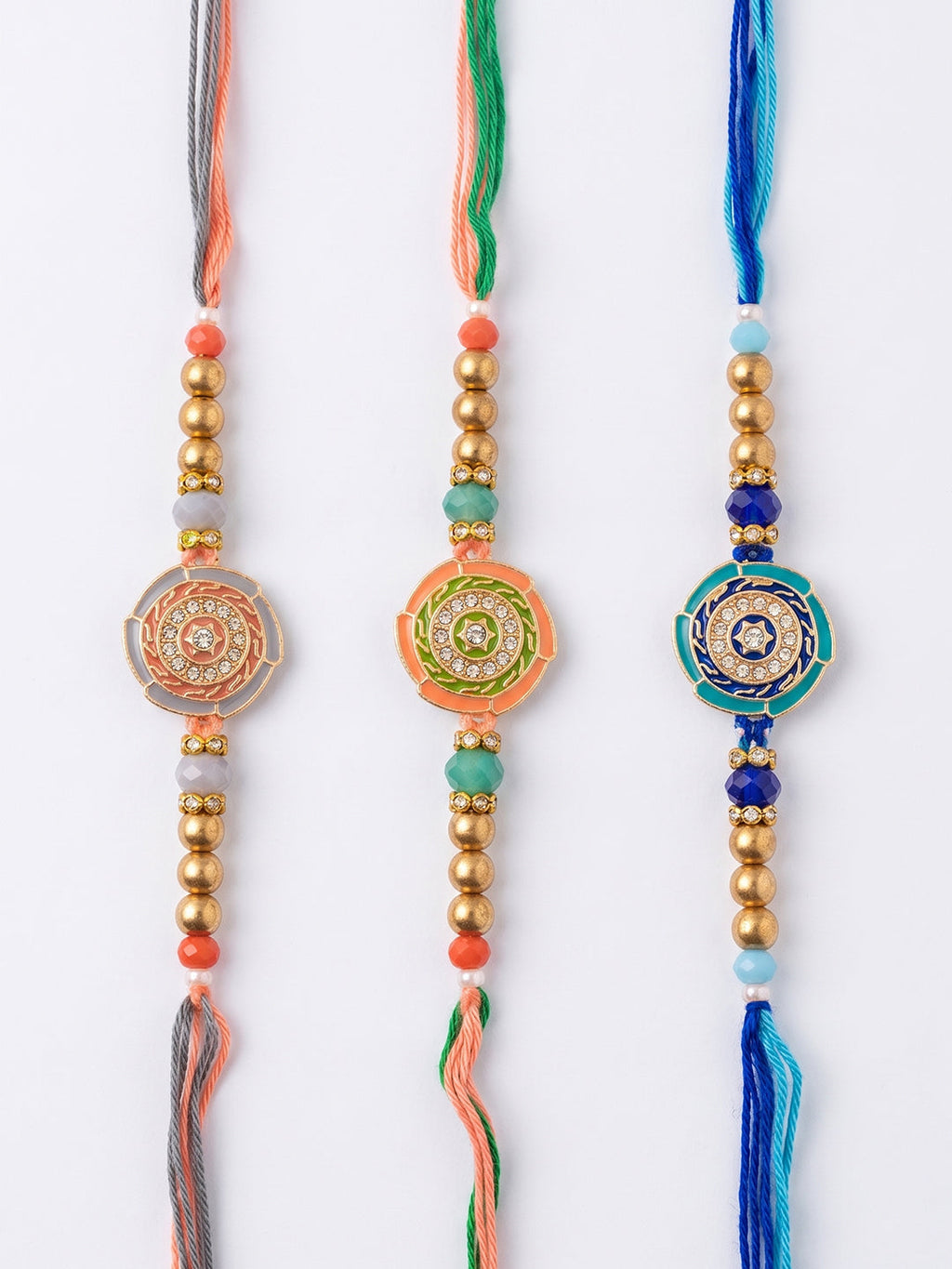 NVR Set of 3 Floral Design Multicolor Artificial Beads Thread Rakhi With Roli Chawal | Grocsy