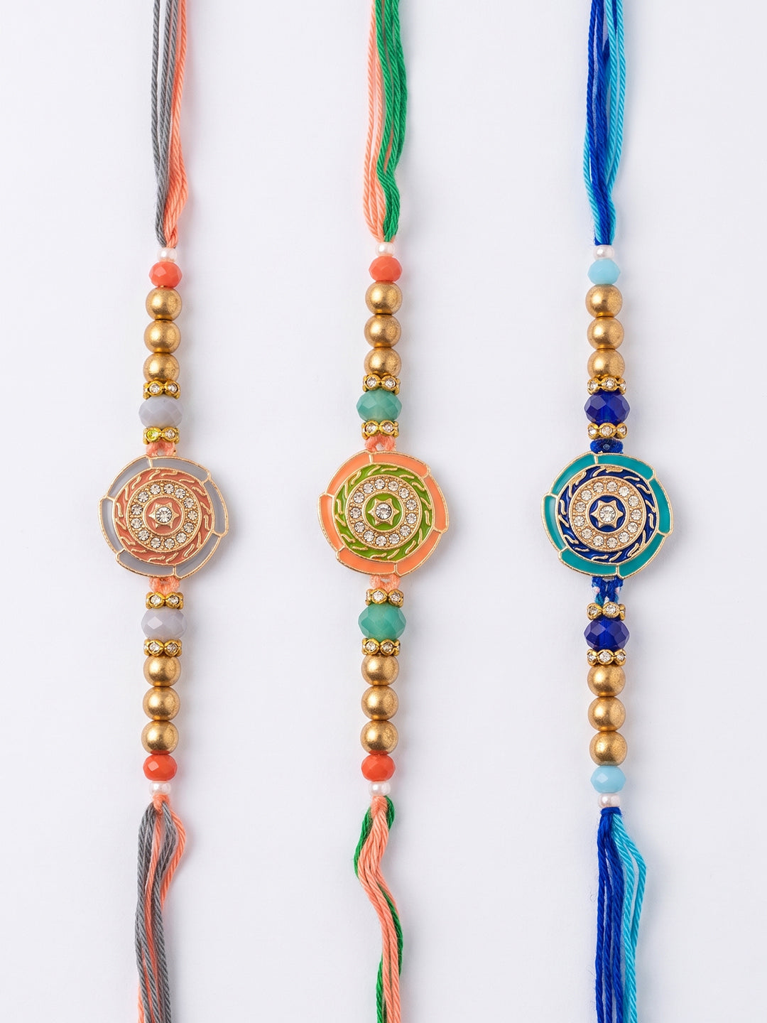 NVR Set of 3 Floral Design Multicolor Artificial Beads Thread Rakhi With Roli Chawal | Grocsy