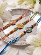 NVR Set of 3 Floral Design Multicolor Artificial Beads Thread Rakhi With Roli Chawal | Grocsy