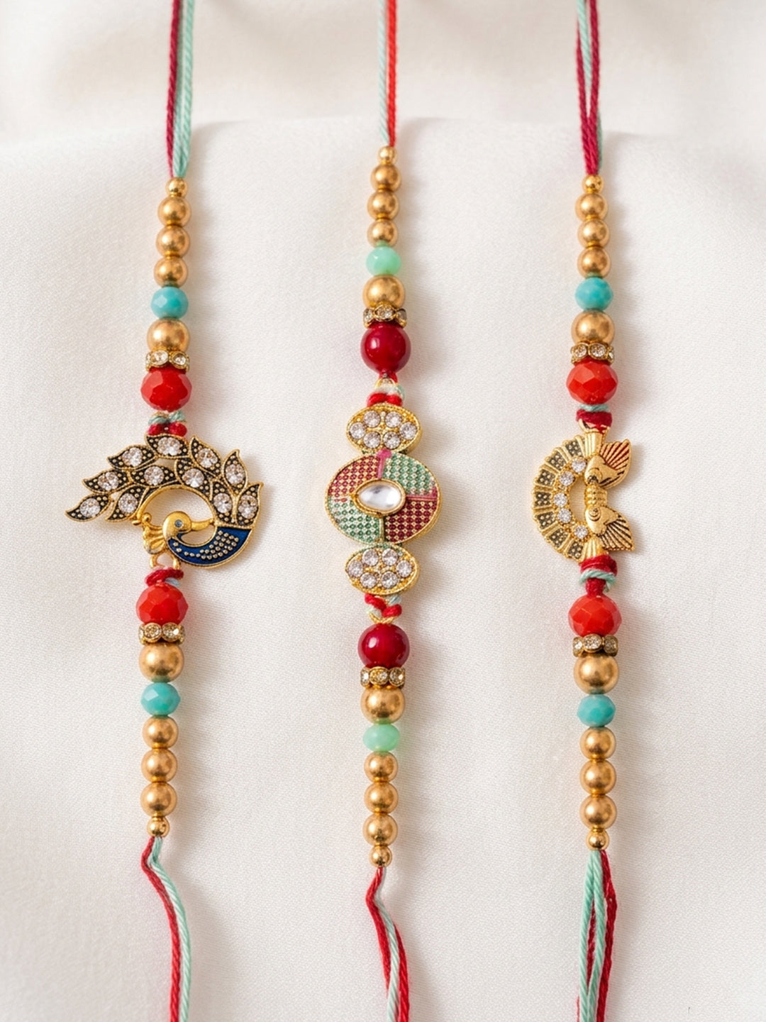 NVR Set of 3 Artificial Stones & Beads Decorative Thread Rakhi with Roli Chawal Chandan | Grocsy