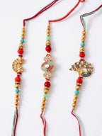 NVR Set of 3 Artificial Stones & Beads Decorative Thread Rakhi with Roli Chawal Chandan | Grocsy