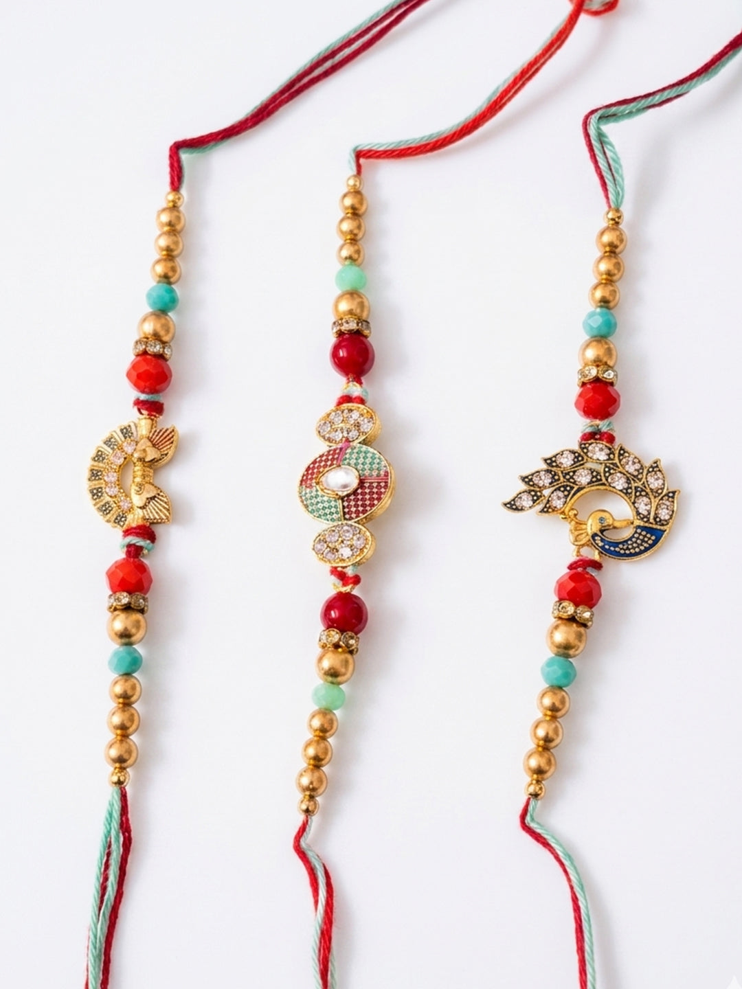 NVR Set of 3 Artificial Stones & Beads Decorative Thread Rakhi with Roli Chawal Chandan | Grocsy