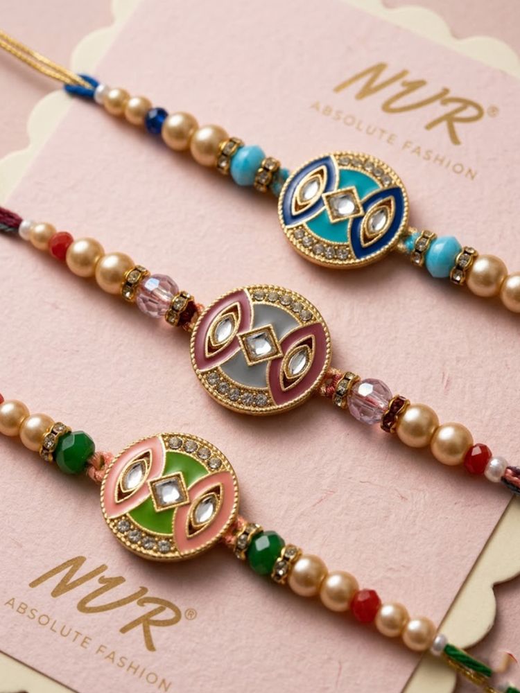 NVR Set of 3 Multicolor Artificial Stones & Beads Thread Rakhi with Roli Chawal Chandan | Grocsy