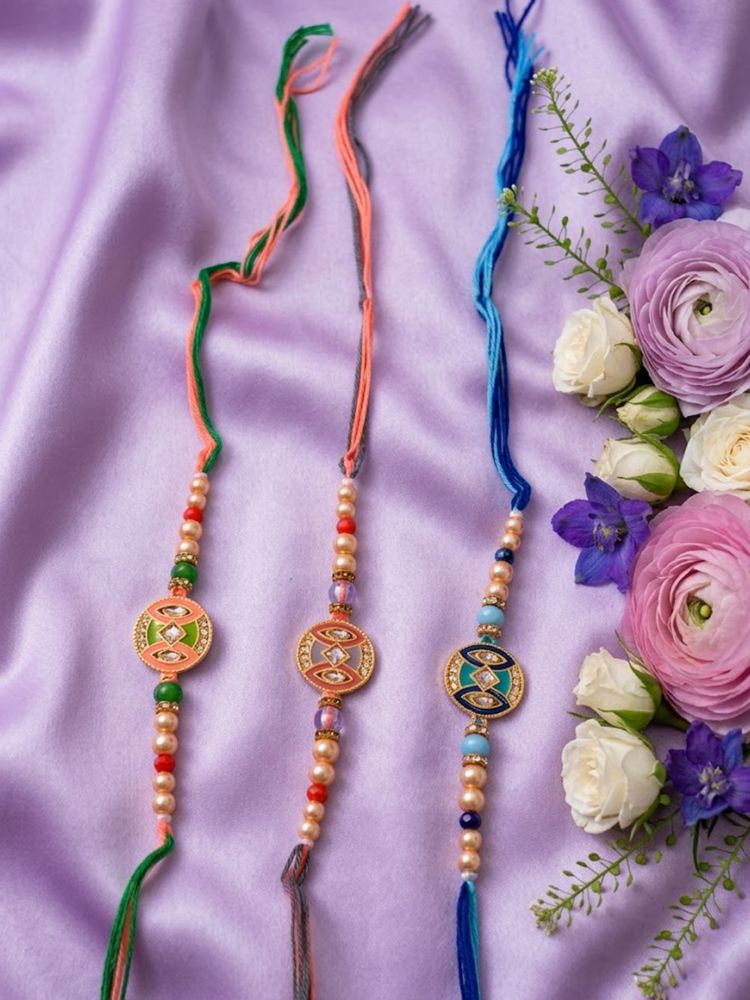 NVR Set of 3 Multicolor Artificial Stones & Beads Thread Rakhi with Roli Chawal Chandan | Grocsy