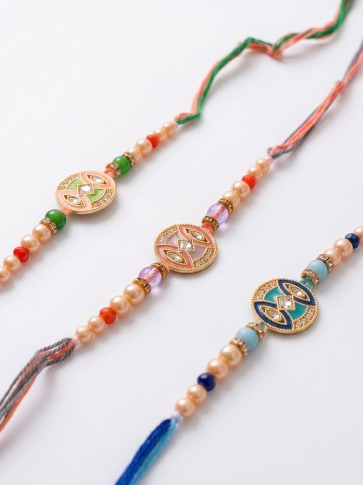 NVR Set of 3 Multicolor Artificial Stones & Beads Thread Rakhi with Roli Chawal Chandan | Grocsy