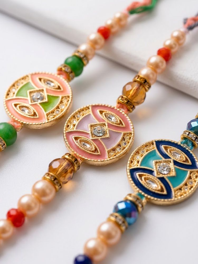 NVR Set of 3 Multicolor Artificial Stones & Beads Thread Rakhi with Roli Chawal Chandan | Grocsy