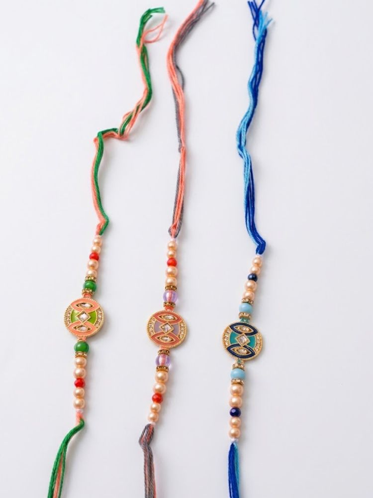 NVR Set of 3 Multicolor Artificial Stones & Beads Thread Rakhi with Roli Chawal Chandan | Grocsy