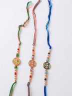NVR Set of 3 Multicolor Artificial Stones & Beads Thread Rakhi with Roli Chawal Chandan | Grocsy