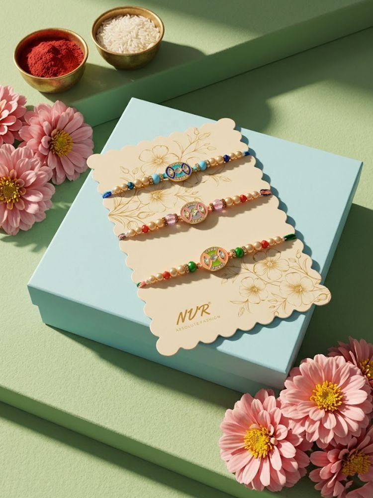 NVR Set of 3 Multicolor Artificial Stones & Beads Thread Rakhi with Roli Chawal Chandan | Grocsy