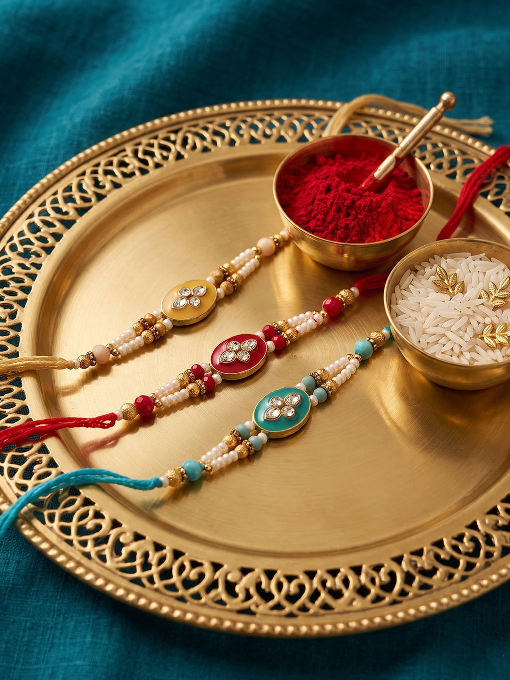NVR Set of 3 Multicolor Artificial Beads & White Pearls Thread Rakhi with Roli Chawal | Grocsy