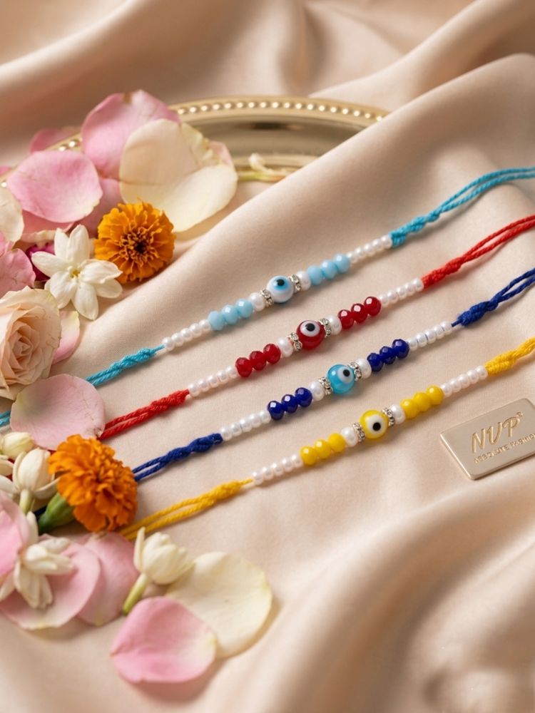 NVR Set of 4 Multicolor Evil Eye Thread Rakhi with Roli Chawal Chandan Mishri | Grocsy