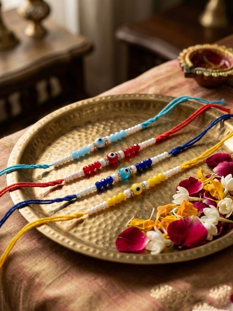 NVR Set of 4 Multicolor Evil Eye Thread Rakhi with Roli Chawal Chandan Mishri | Grocsy