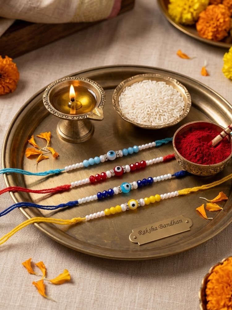 NVR Set of 4 Multicolor Evil Eye Thread Rakhi with Roli Chawal Chandan Mishri | Grocsy