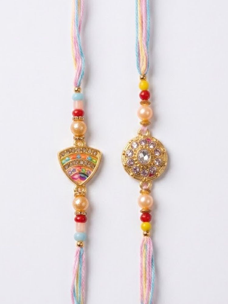 NVR Set of 2 Gold Toned Artificial Stones & Beads Thread Rakhi with Roli Chawal Chandan | Grocsy