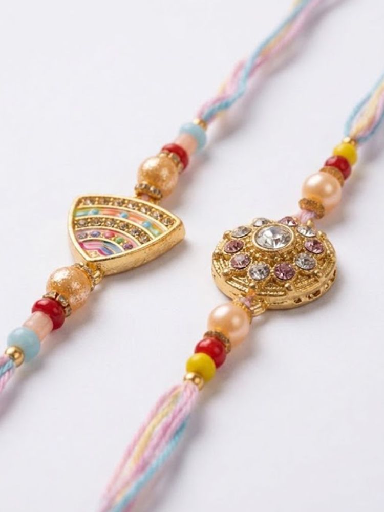 NVR Set of 2 Gold Toned Artificial Stones & Beads Thread Rakhi with Roli Chawal Chandan | Grocsy