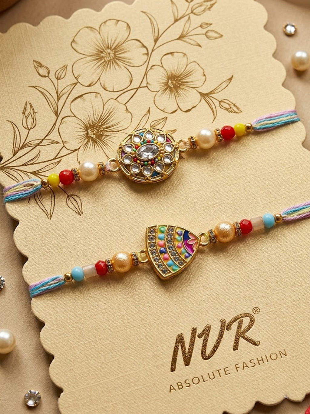 NVR Set of 2 Gold Toned Artificial Stones & Beads Thread Rakhi with Roli Chawal Chandan | Grocsy