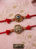 NVR Set of 2 Gold Toned Artificial Stones Thread Rakhi with Roli Chawal Chandan Mishri | Grocsy