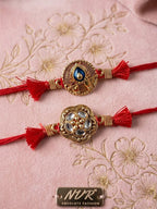 NVR Set of 2 Gold Toned Artificial Stones Thread Rakhi with Roli Chawal Chandan Mishri | Grocsy