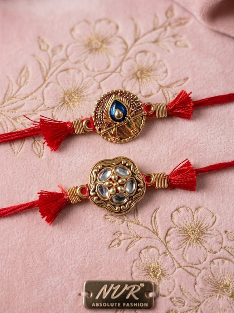 NVR Set of 2 Gold Toned Artificial Stones Thread Rakhi with Roli Chawal Chandan Mishri | Grocsy