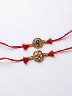 NVR Set of 2 Gold Toned Artificial Stones Thread Rakhi with Roli Chawal Chandan Mishri | Grocsy