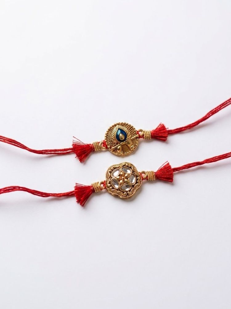 NVR Set of 2 Gold Toned Artificial Stones Thread Rakhi with Roli Chawal Chandan Mishri | Grocsy