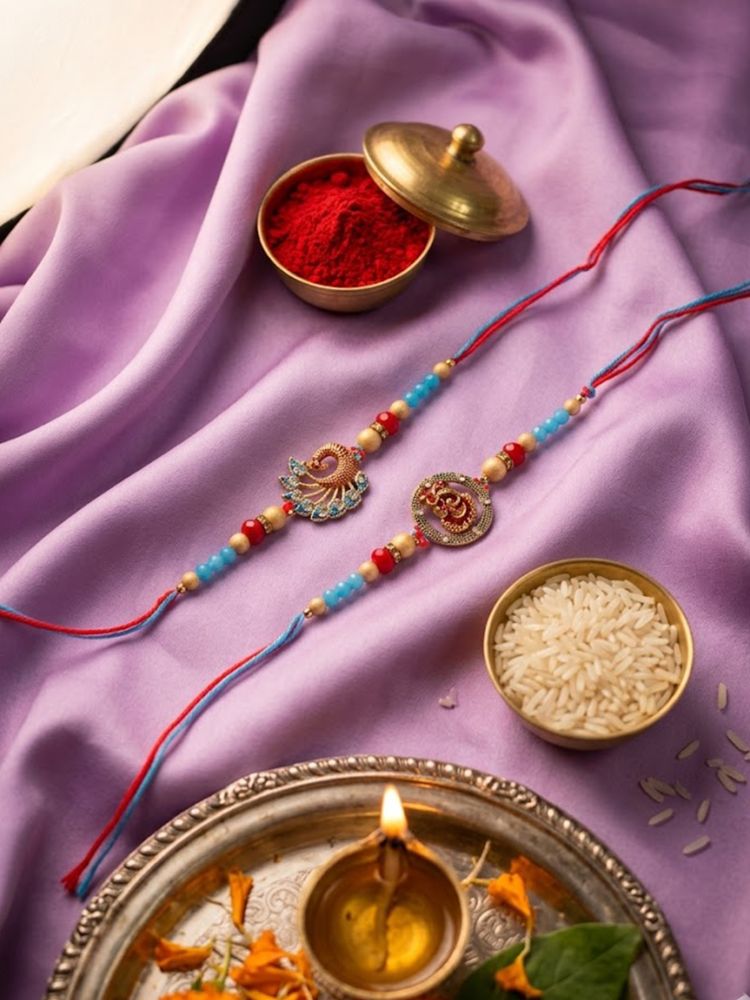 NVR Set of 2 Multicolor Artificial Beads Thread Rakhi with Roli Chawal Chandan Mishri | Grocsy