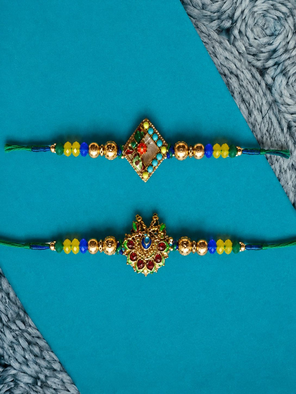 NVR Set of 2 Traditional Thread Rakhi with Roli Chawal Chandan Mishri | Grocsy