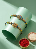 NVR Set of 2 Multicolor Artificial Stones & Beads Thread Rakhi with Roli Chawal Chandan | Grocsy