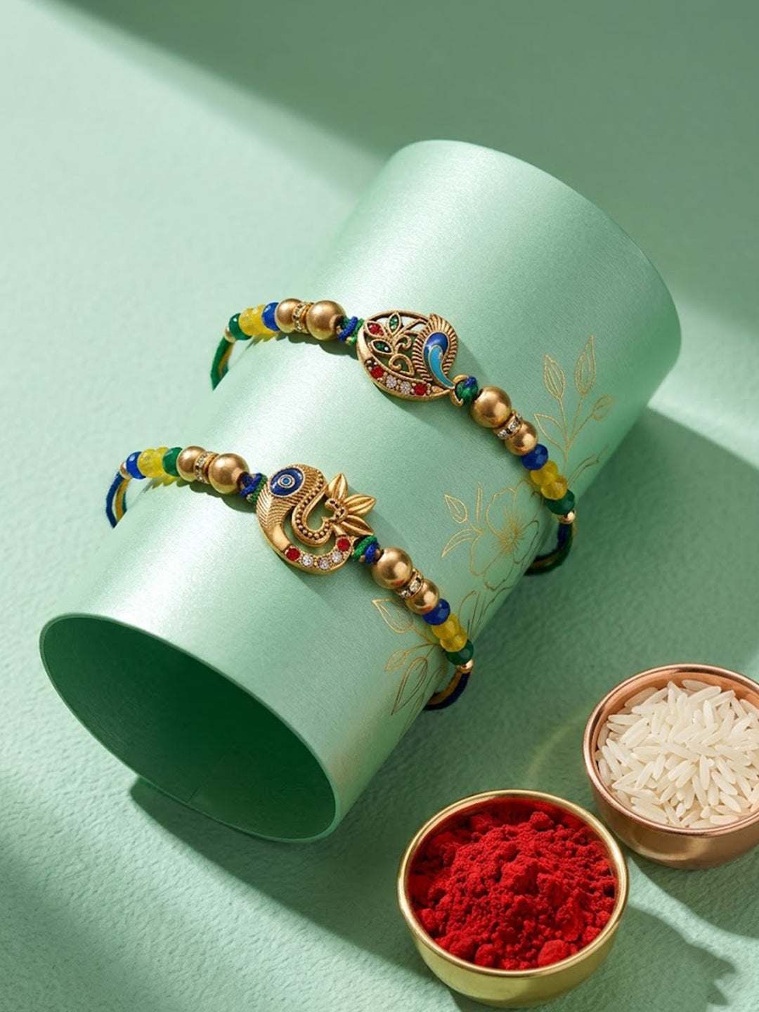 NVR Set of 2 Multicolor Artificial Stones & Beads Thread Rakhi with Roli Chawal Chandan | Grocsy