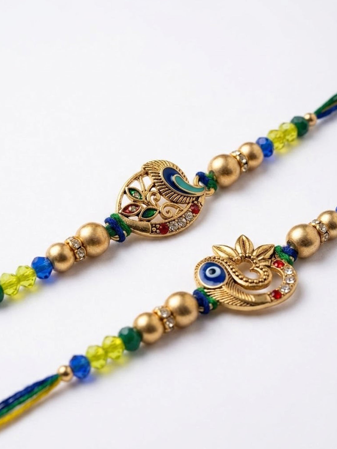 NVR Set of 2 Multicolor Artificial Stones & Beads Thread Rakhi with Roli Chawal Chandan | Grocsy