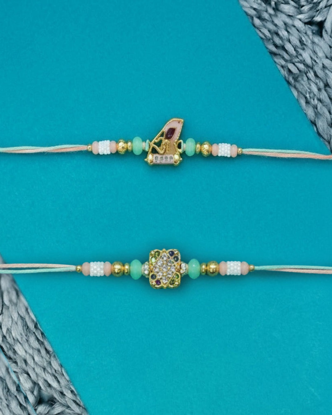 NVR Set of 2 Artificial Stones & Beads Thread Rakhi with Roli Chawal Chandan Mishri | Grocsy