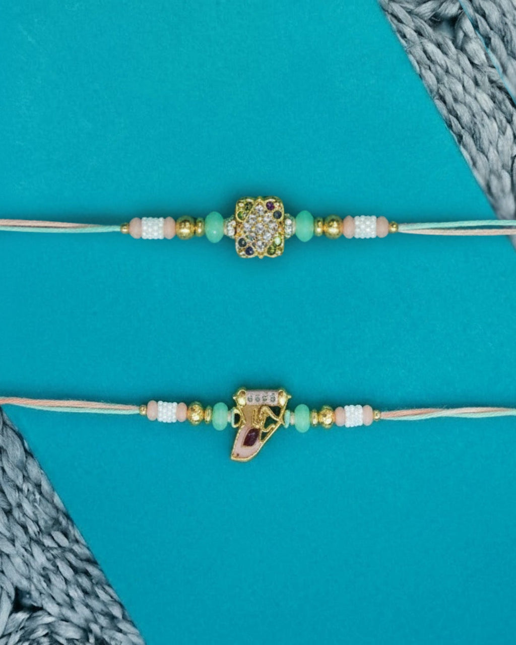 NVR Set of 2 Artificial Stones & Beads Thread Rakhi with Roli Chawal Chandan Mishri | Grocsy