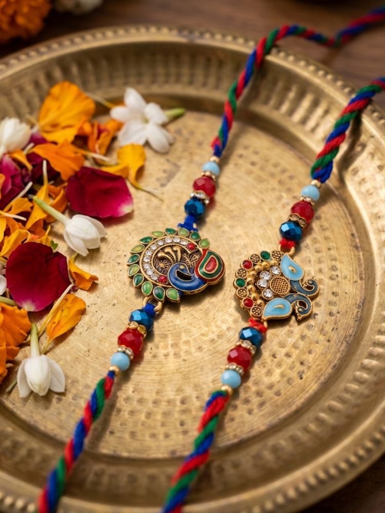 NVR Set of 2 Multicolor Artificial Stones & Beads Thread Rakhi with Roli Chawal Chandan | Grocsy