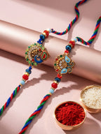 NVR Set of 2 Multicolor Artificial Stones & Beads Thread Rakhi with Roli Chawal Chandan | Grocsy