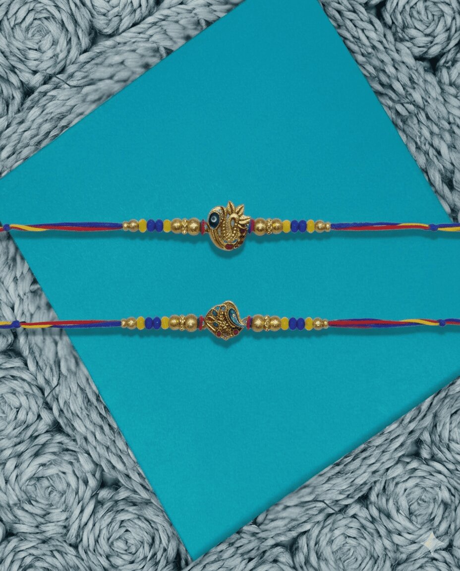 NVR Set of 2 Peacock Design Thread Rakhi with Roli Chawal Chandan Mishri | Grocsy