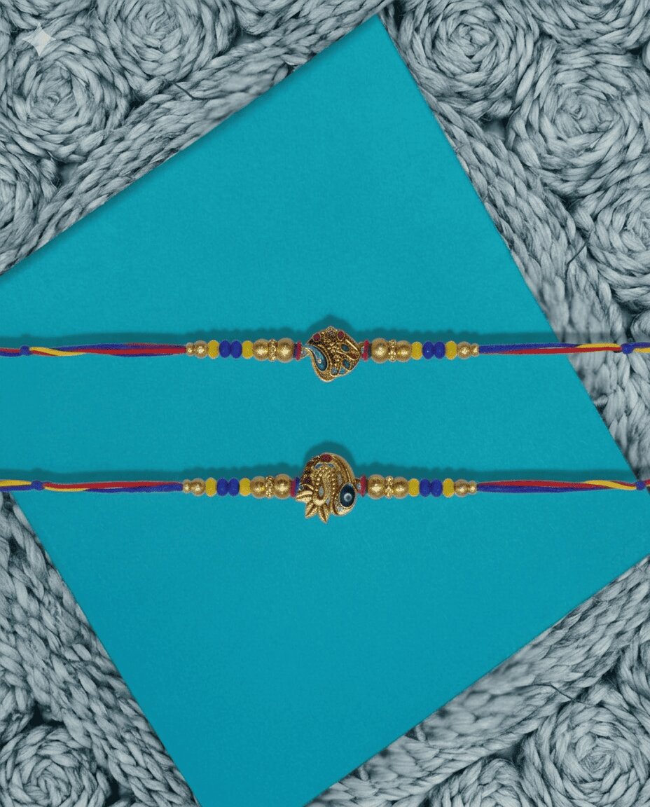NVR Set of 2 Peacock Design Thread Rakhi with Roli Chawal Chandan Mishri | Grocsy