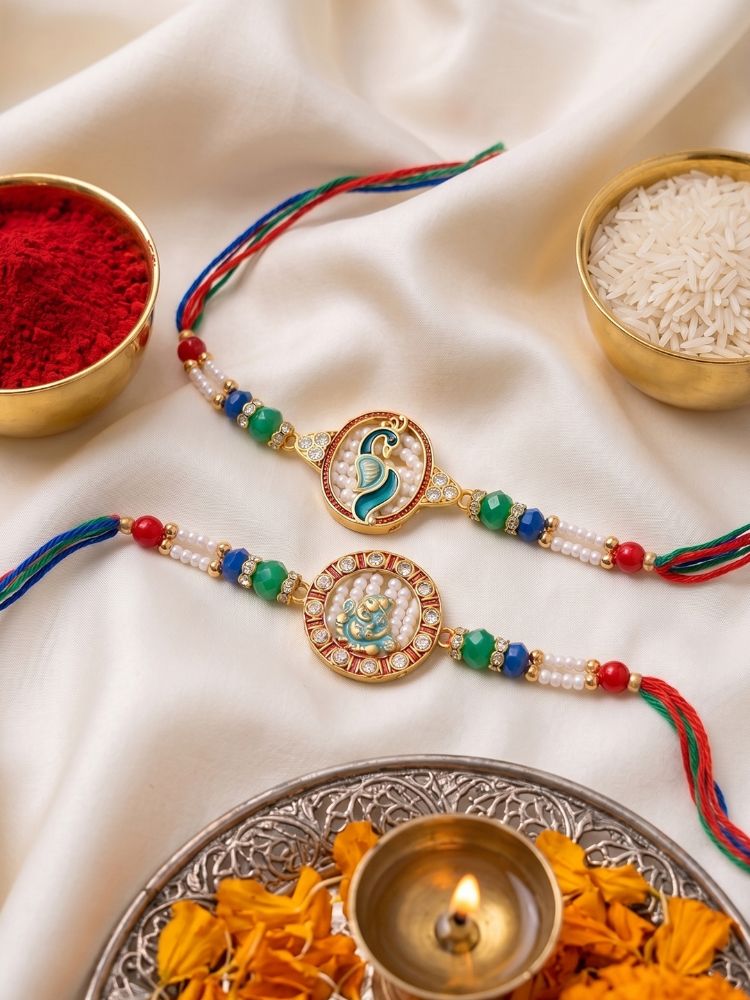NVR Set of 2 Multicolor Peacock Design Rakhi with Roli Chawal Chandan Mishri | Grocsy