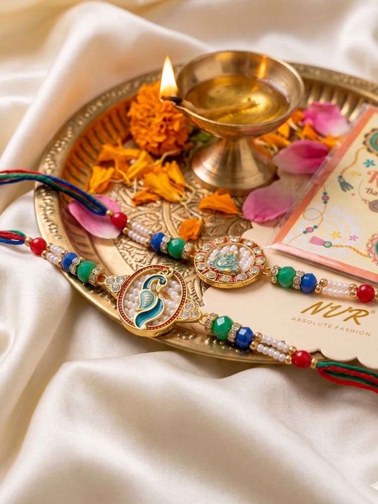 NVR Set of 2 Multicolor Peacock Design Rakhi with Roli Chawal Chandan Mishri | Grocsy