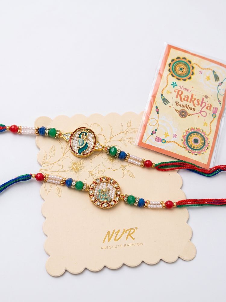 NVR Set of 2 Multicolor Peacock Design Rakhi with Roli Chawal Chandan Mishri | Grocsy
