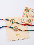 NVR Set of 2 Multicolor Peacock Design Rakhi with Roli Chawal Chandan Mishri | Grocsy