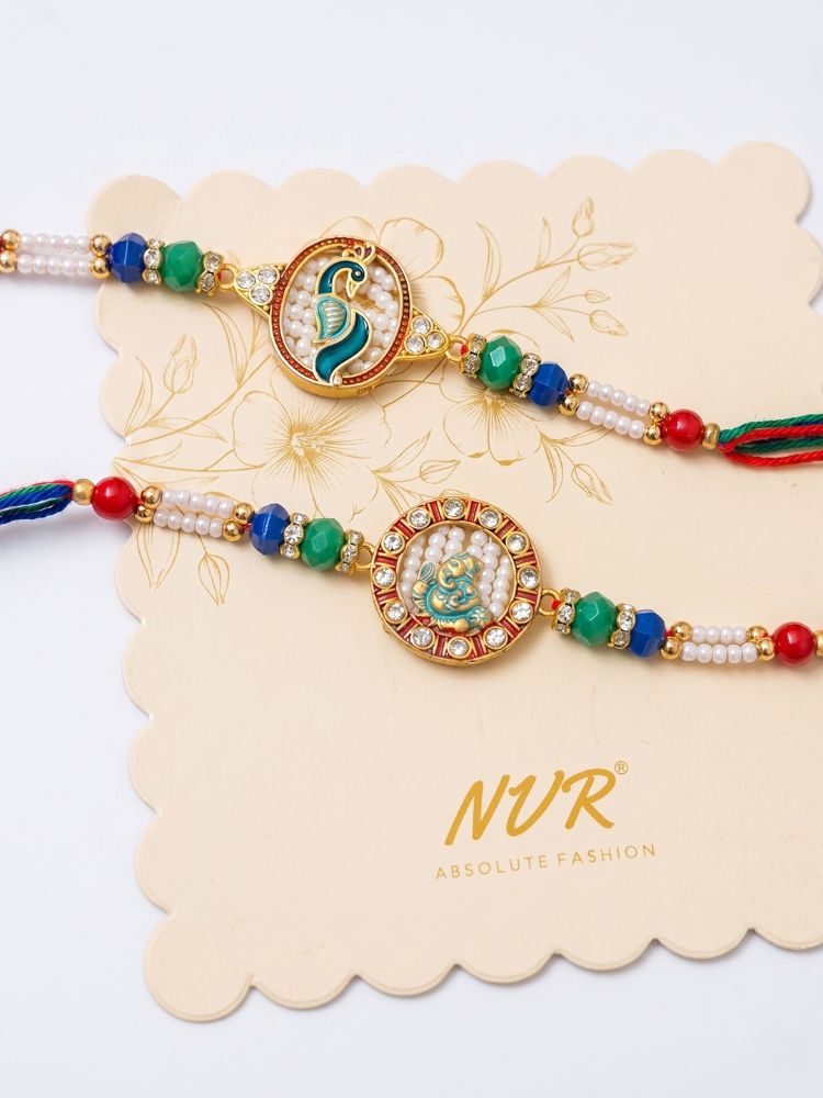 NVR Set of 2 Multicolor Peacock Design Rakhi with Roli Chawal Chandan Mishri | Grocsy