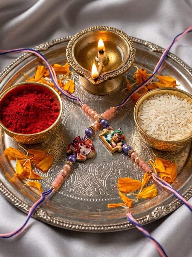 NVR Set of 2 Krishna Ji & Ganesh Ji Beaded Religious Thread Rakhi with Roli Chawal | Grocsy