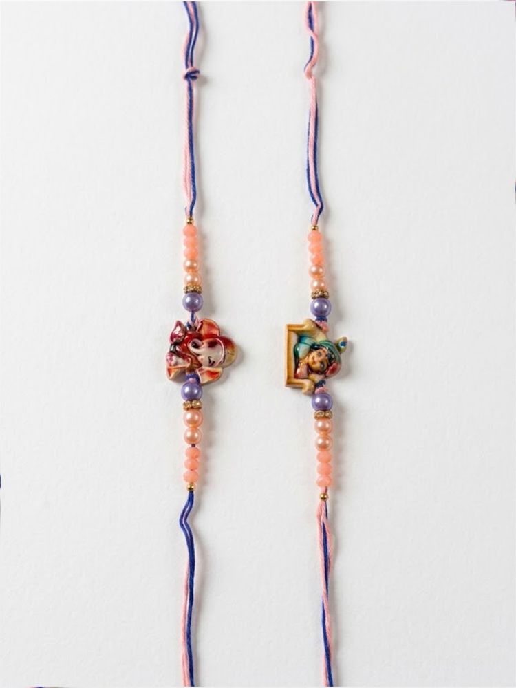 NVR Set of 2 Krishna Ji & Ganesh Ji Beaded Religious Thread Rakhi with Roli Chawal | Grocsy