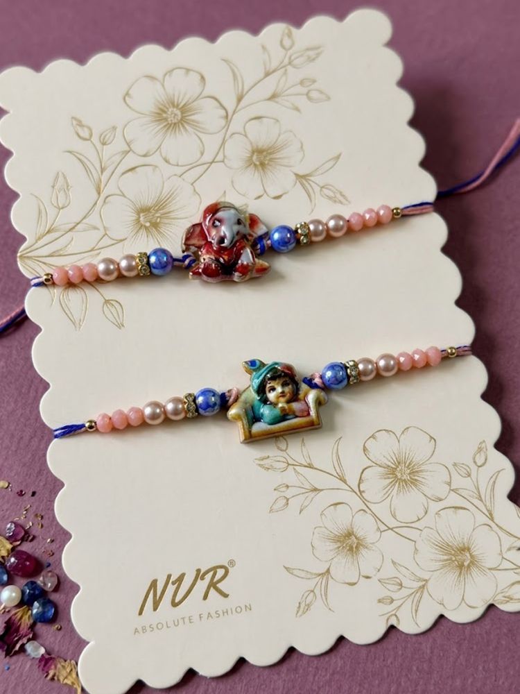 NVR Set of 2 Krishna Ji & Ganesh Ji Beaded Religious Thread Rakhi with Roli Chawal | Grocsy