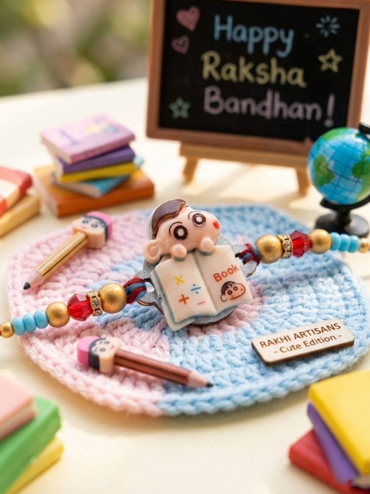 NVR Kids Shinchan Character Artificial Beads Thread Rakhi with Roli Chawal Chandan Mishri | Grocsy
