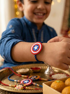 NVR Stylish Red & Blue Avengers Design Kids Rakhi with Roli Chawal Chandan Mishri | Grocsy